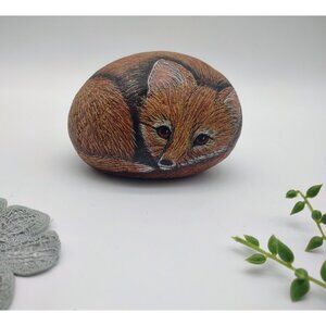 Vintage Hand Painted Fox Rock Stone Art Artist Signed Wilma 2003